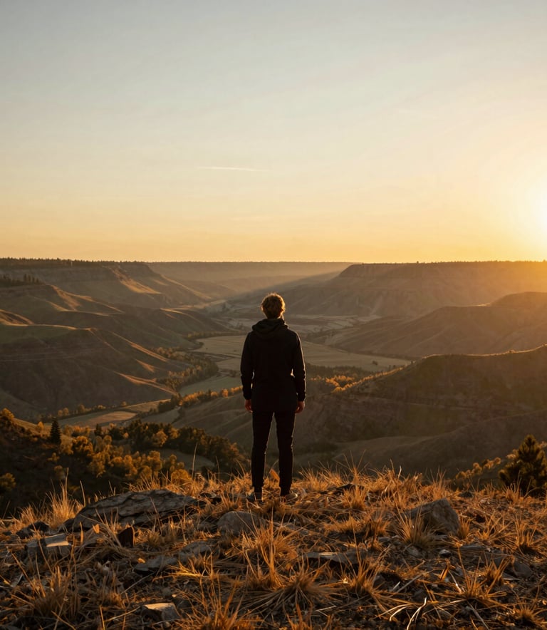 A striking photography of a person standing on a hill overlooking a North American valley at sunrise. The lighting is warm and golden, with a clean and vast composition that evokes a profound sense of empowerment and finding one's inner fire.