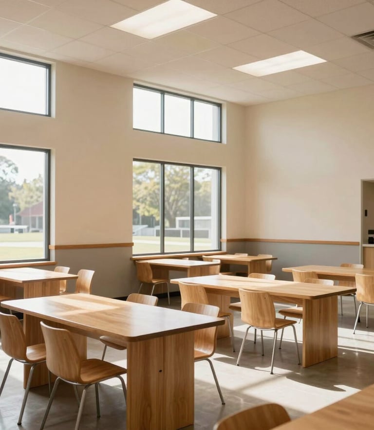 A clean, modern community center interior in the US with large windows, light wood furniture, and cream-colored walls, bathed in natural light.
