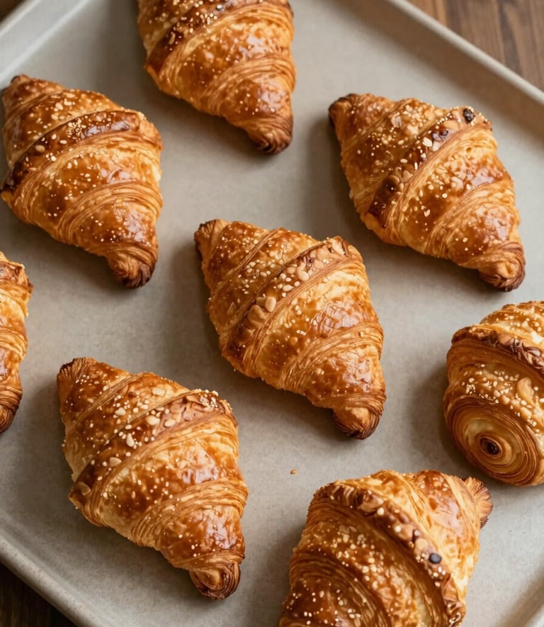 A top-down view of artisanal bakery derivatives, including golden croissants and puff pastries, on a sand-colored ceramic tray, rustic style, warm natural lighting.
