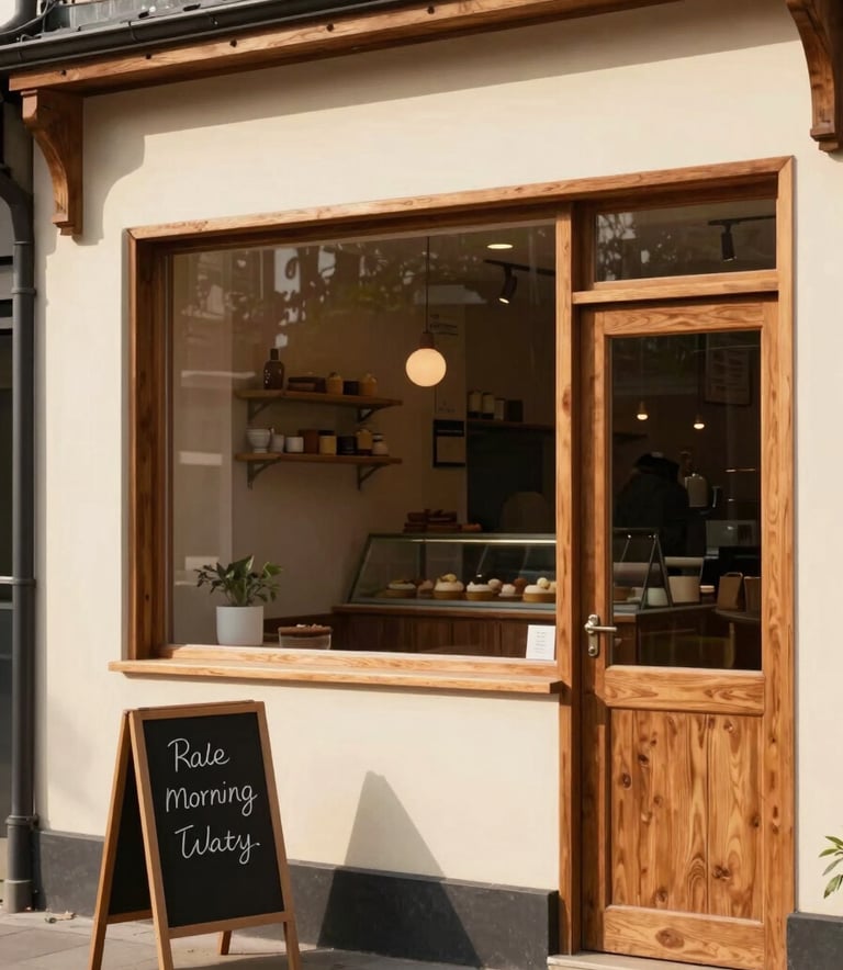The exterior of a cozy bakery branch with cream walls and cinnamon-colored wooden window frames, a small chalkboard sign outside, soft morning sun.