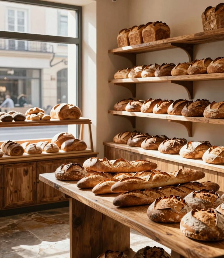 A cozy, warm interior of an artisanal bakery branch. Soft sunlight filters through large windows, illuminating rustic wooden shelves filled with golden-brown loaves of bread. The floor is made of aged stone, and the walls are a Clotted Cream color. A large wooden table in the foreground holds a variety of crusty baguettes and rustic boules.