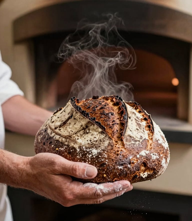 Close-up of a friendly baker's hands, dusted with flour, presenting a freshly baked, steaming loaf of dark rye bread. The background is a blurred Deep Espresso wood oven. The lighting is warm and natural, emphasizing the artisanal texture of the bread crust.