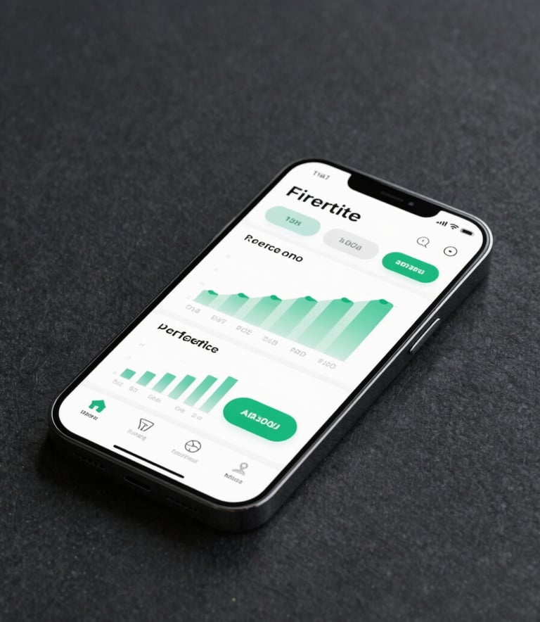 A high-end smartphone lying on a dark, textured surface, displaying a clean and sophisticated mobile application interface with data charts. The atmosphere is professional and innovative, using a lighting palette of #507D8C and #1A202C.