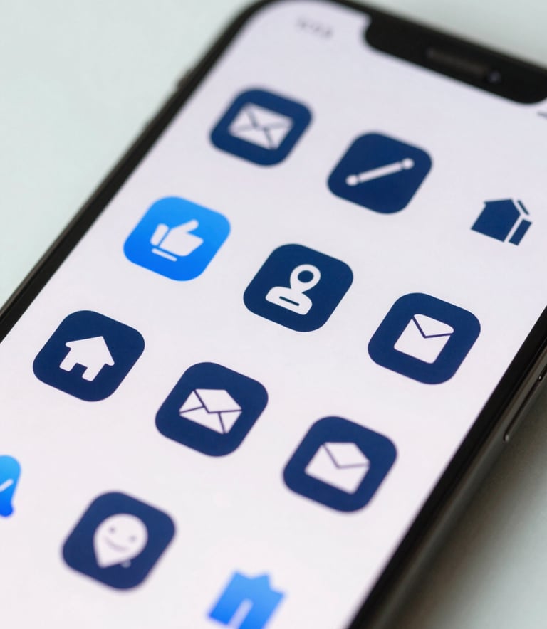 Macro shot of a high-resolution smartphone screen showing elegant, minimalist app icons in #2F4858 against a clean #E0F2F7 background, soft professional lighting.