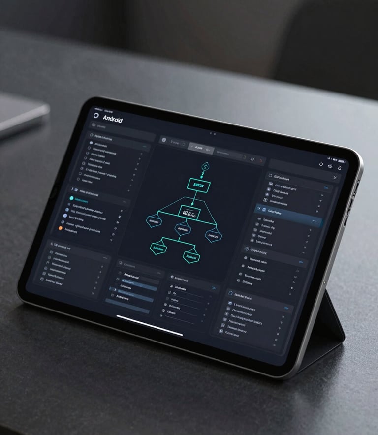 A sleek Android tablet resting on a dark professional desk, displaying a complex software architecture diagram in bright #E0F2F7 lines, sophisticated and high-tech feel.