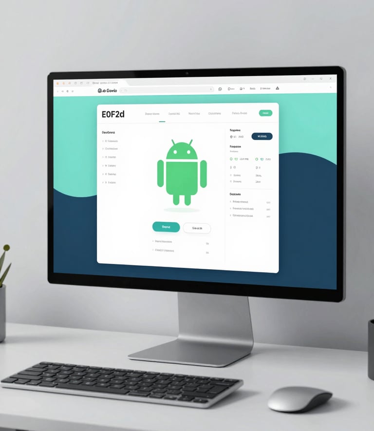 A sleek, modern designer's desk with a large monitor showing a creative Android app wireframe. The aesthetic is minimalist and forward-thinking, featuring cool tones and accents of #E0F2F7 and #2F4858 in a professional studio setting.