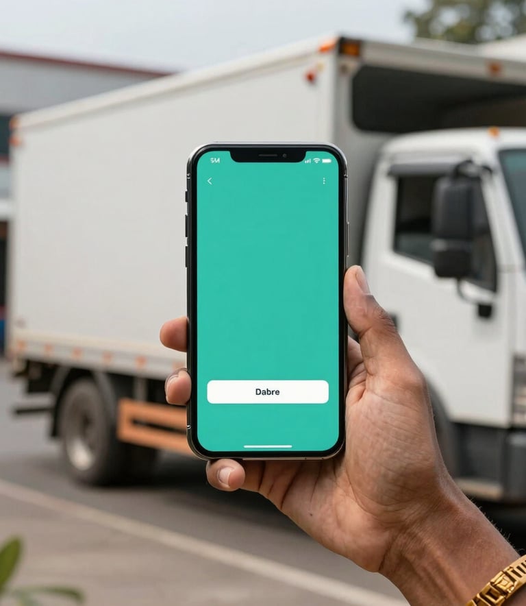 A person in South Asian attire using a smartphone app with a teal interface to book a truck, with a blurred logistics warehouse in the background.