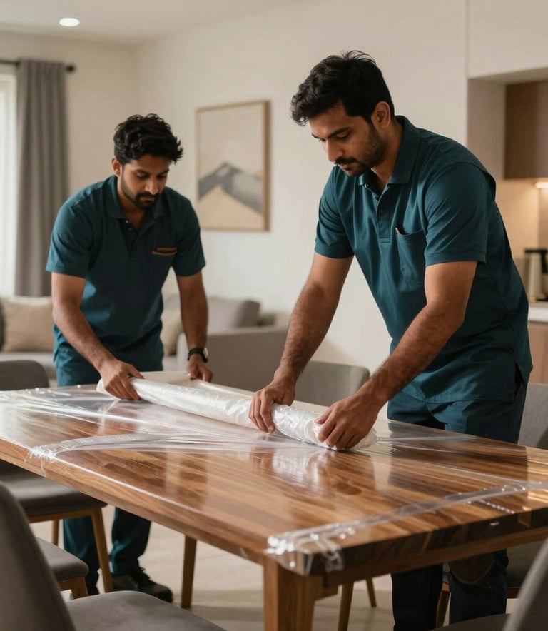 Professional South Asian movers in dark teal uniforms carefully wrapping a premium wooden dining table with protective bubble wrap inside a bright, modern Indian apartment, warm natural lighting, high-quality focus.