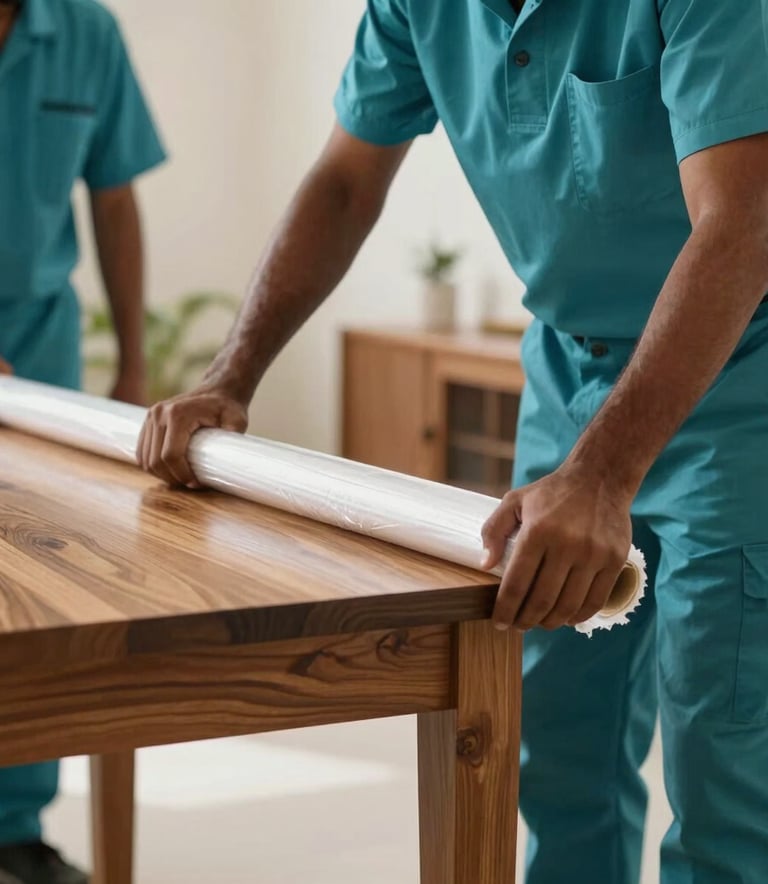 A close-up photograph of professional movers in teal uniforms carefully wrapping a wooden table with protective stretch film in a brightly lit South Asian home.