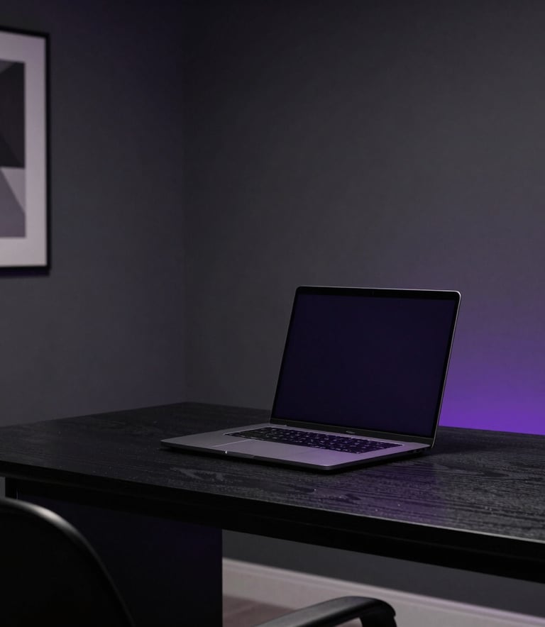 A sophisticated minimalist home office with dark grey walls and a high-end laptop on a black wooden desk, illuminated by subtle purple ambient lighting. North American / International setting.