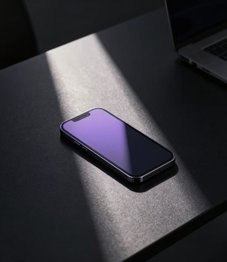A high-angle shot of a minimalist black desk with a sleek smartphone and a single light purple beam of light cutting through the shadows, sophisticated atmosphere, modern North American / International office setting.