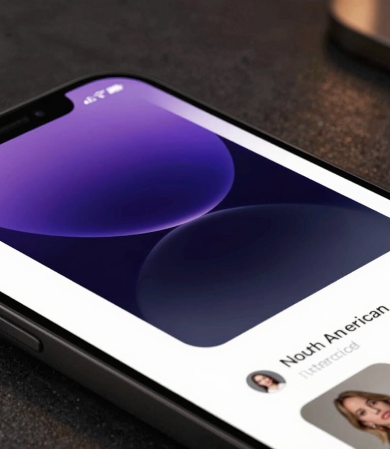 An abstract close-up of a high-resolution smartphone screen showing an elegant web interface with purple accents in a dimly lit, modern room. North American / International.