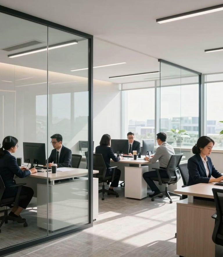Professional and minimalist corporate office in Indonesia with sleek glass partitions and automotive branding, Southeast Asian / Indonesian staff in smart attire working in a high-end environment, bright and clean daylighting.