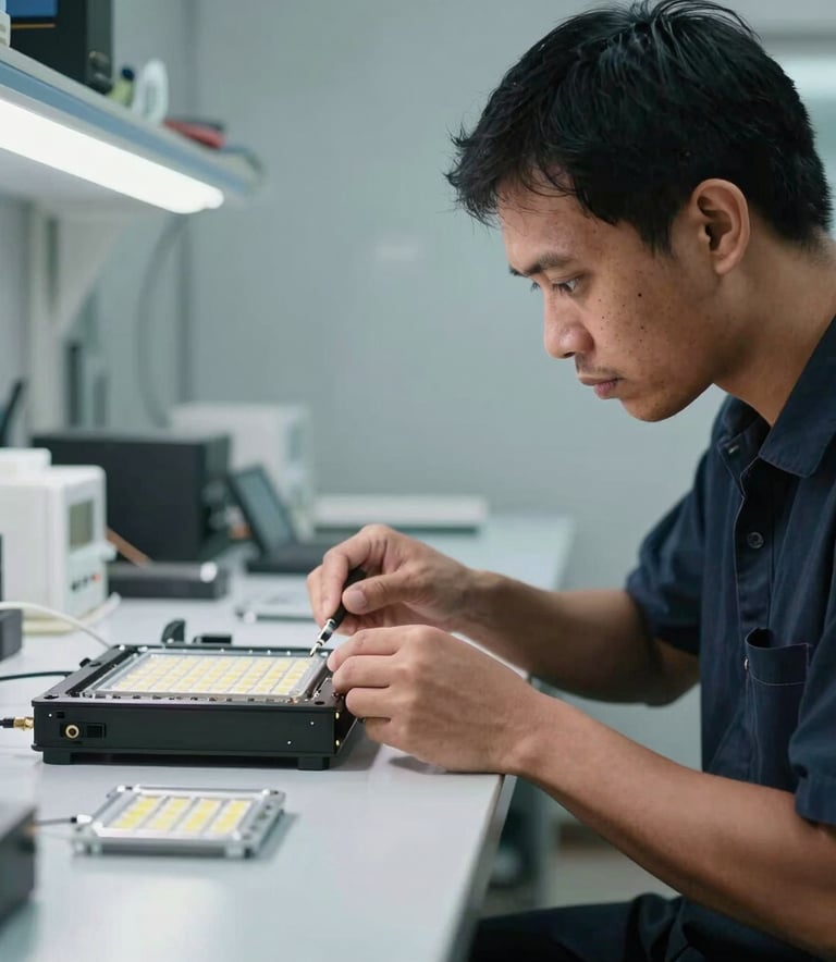 A Southeast Asian / Indonesian technician in a clean, modern workshop inspecting high-tech LED components, minimalist and professional setting, soft lighting, focus on quality control and expert handling.