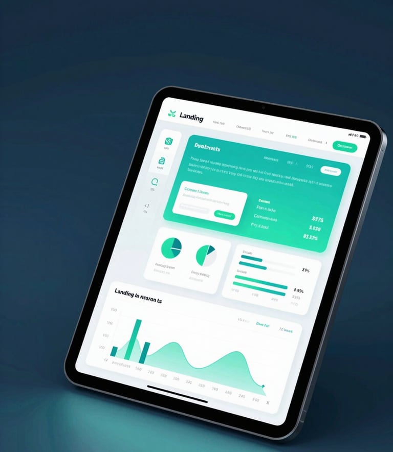A conceptual image of a glowing digital tablet showing an analytics dashboard and a landing page design. The style is professional and innovative, using soft gradients of #3A8D7B and dark blue #1A2F3F shadows for a deep, energetic feel.