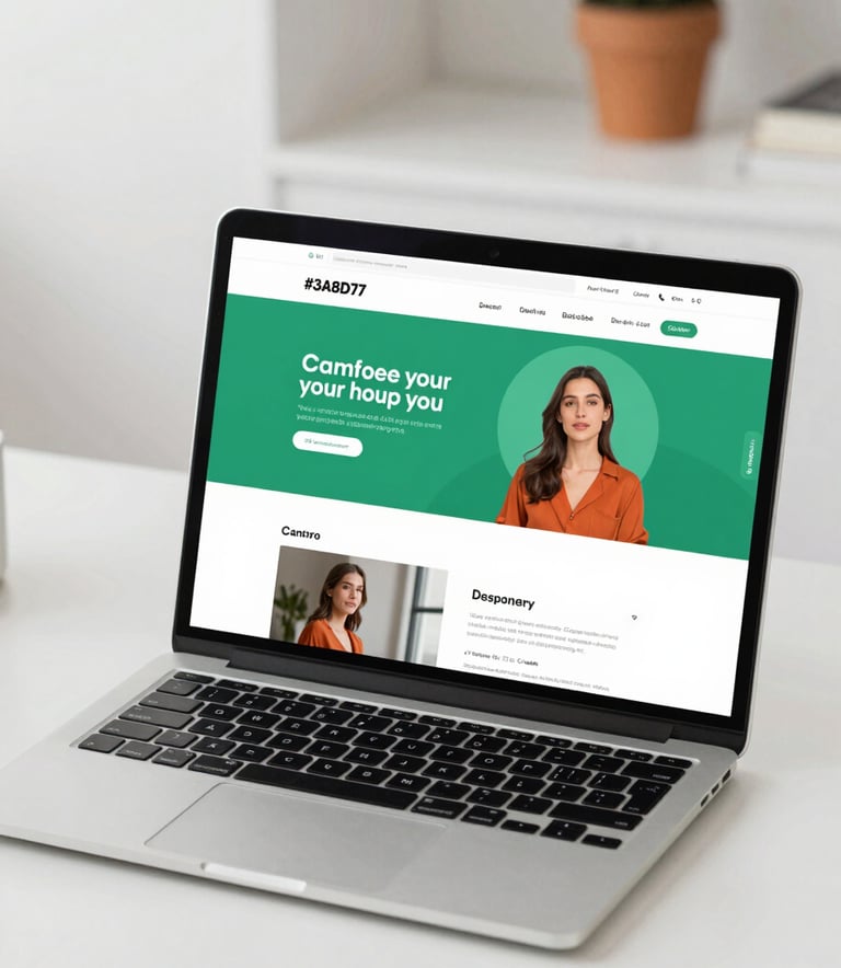 A high-quality, professional photograph of a modern laptop on a minimalist desk, displaying a vibrant and clean website layout. The lighting is bright and airy, incorporating subtle brand tones of #3A8D7B and #D06A4E in the background decor. Contemporary aesthetic.