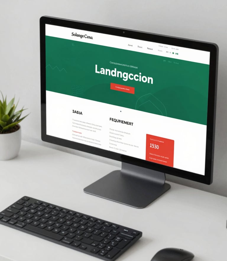 A close-up, high-angle shot of a minimalist and modern home office desk. On a sleek monitor, a vibrant and responsive landing page for a business is displayed. The lighting is bright and professional. Accents of #3A8D7B green and #D06A4E red appear in the website UI elements and office stationery, reflecting Solange Cena's dynamic brand.