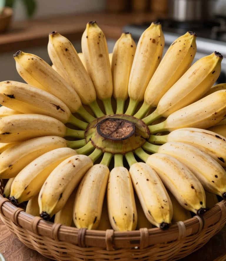 A vibrant close-up of various types of native Brazilian bananas, like prata and nanica, arranged in a traditional wicker basket in a sun-drenched South American kitchen.
