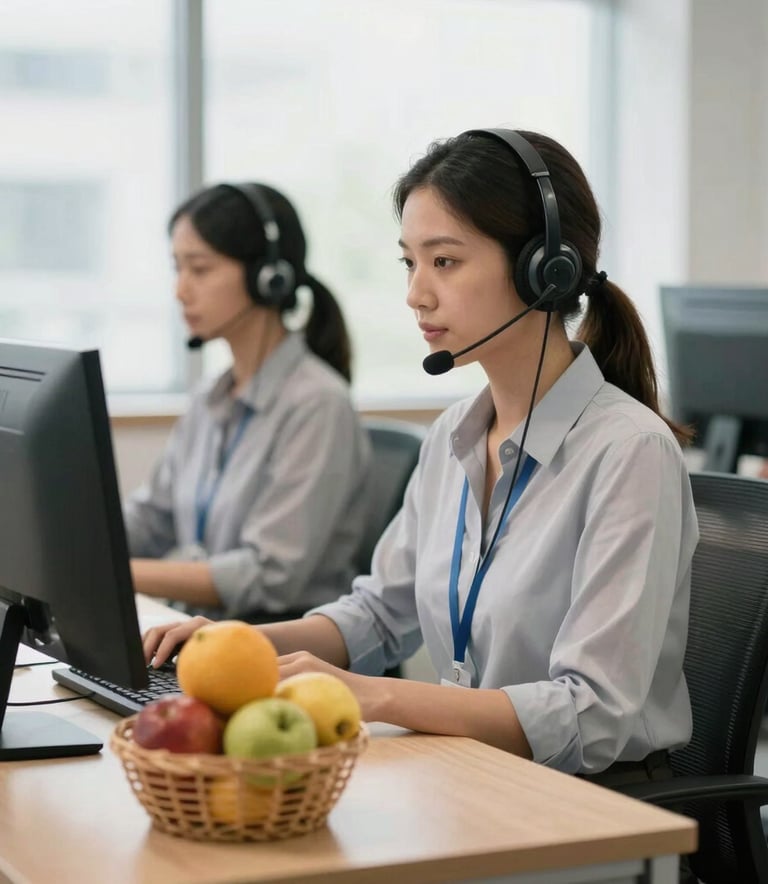 A professional and modern call center environment in South America with bright natural lighting, showing an operator with a headset and a desk featuring a small basket of fresh fruit, conveying reliability.