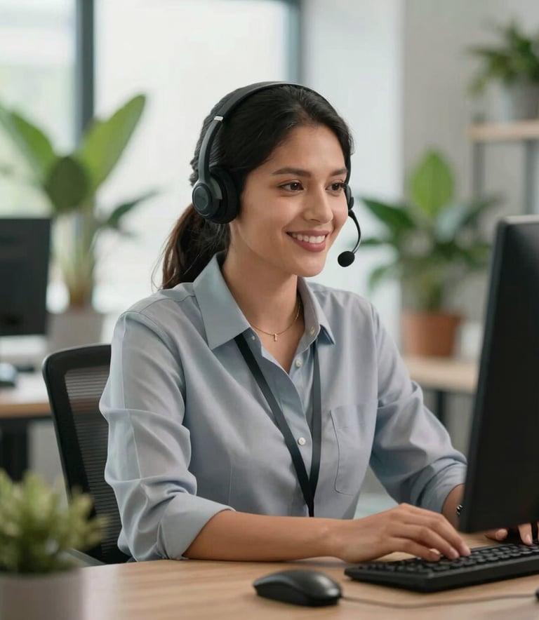 A smiling South American professional wearing a headset, working in a bright and airy office with many green plants, conveying trust and efficient tele-service.