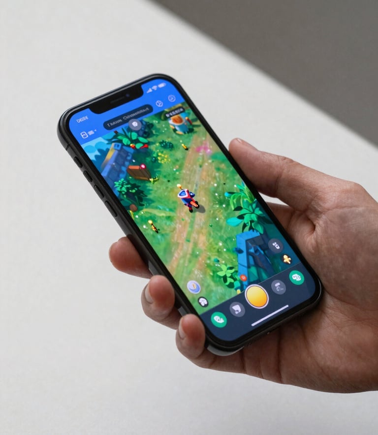 A close-up shot of a modern smartphone held by a professional in a minimalist environment. The screen displays a vibrant, colorful game interface with green and blue accents. Global / International setting. Bright, professional lighting.