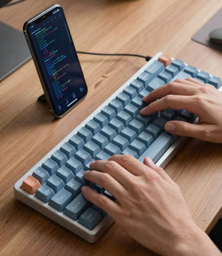 A person's hands typing on a mechanical keyboard with an Android smartphone resting beside it on a wooden desk. The screen shows lines of code. Professional, innovative mood. Global / International workspace. Colors feature light blue and dark blue.