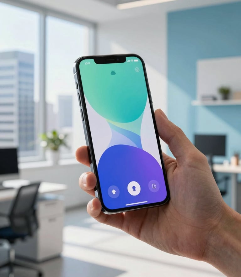 A developer in a professional, sunlit office in a global international city, focusing on a high-end smartphone. The device shows a modern and vibrant user interface. The background features light blue and white modern office decor, conveying a user-centric and innovative approach.