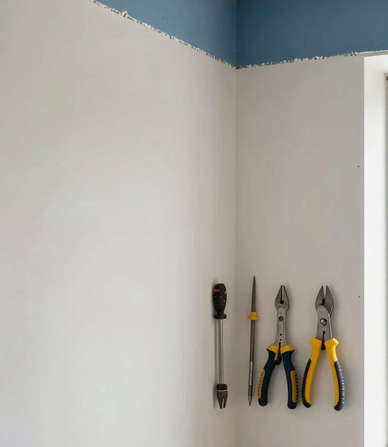 A high-detail photograph of a modern interior renovation project. The focus is on a perfectly finished corner with smooth walls in Pale Cloud White and Muted Steel Blue accents. Professional tools are neatly arranged in the corner, conveying precision and order.