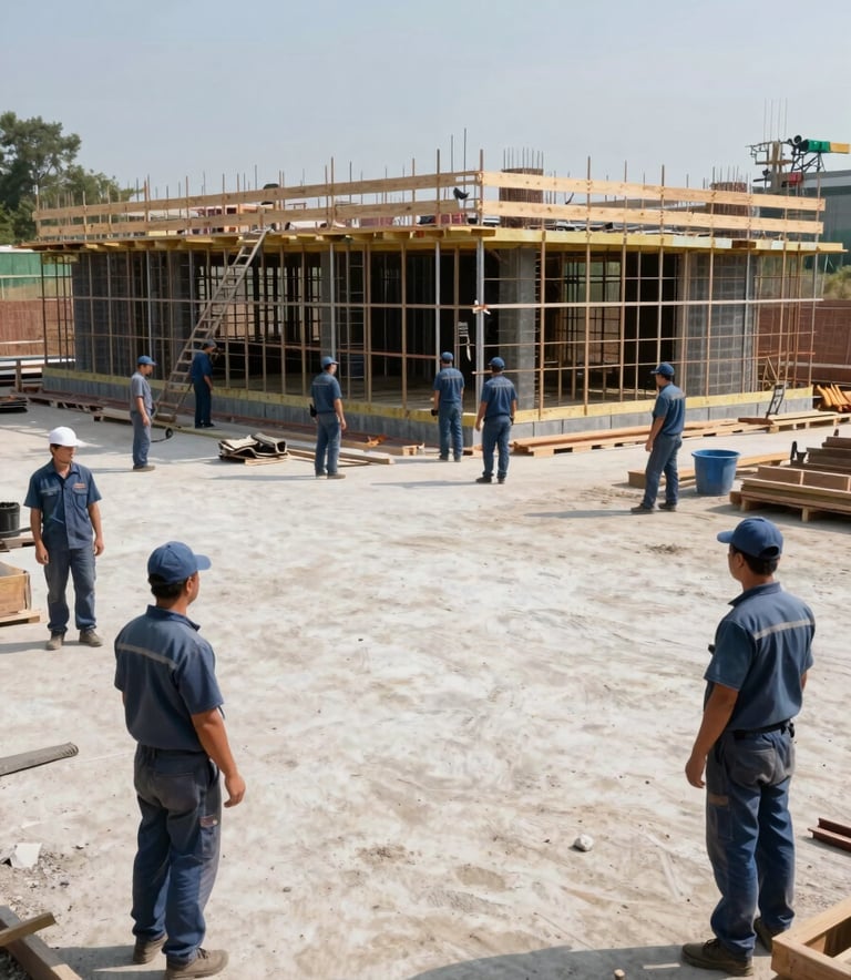 A wide-angle professional photograph of a house foundation under construction. The site is impeccably clean, with workers in Muted Steel Blue uniforms. The lighting is bright and clear, emphasizing professionalism and reliability.