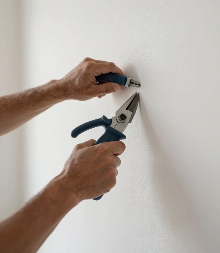A close-up shot of professional interior finishing work in progress. A craftsman's hands are visible using tools on a smooth, cloud white wall. The lighting is bright and natural, reflecting a clean, organized workspace with subtle charcoal navy accents in the equipment.