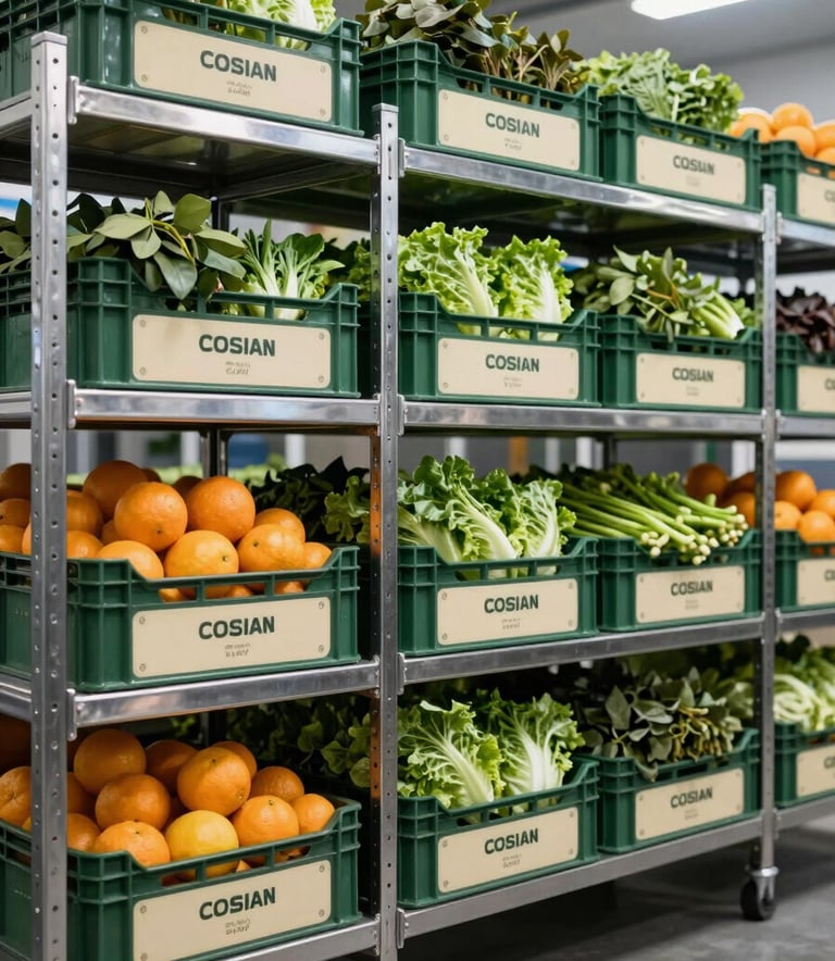 A sharp, professional photograph of a modern cold-storage facility. Stainless steel shelves are organized with uniform crates of fresh citrus and leafy greens. The lighting is cool and industrial, emphasizing hygiene and the sharp professionalism of international trade logistics. Hints of dark forest green and soft cream appear in the packaging labels.