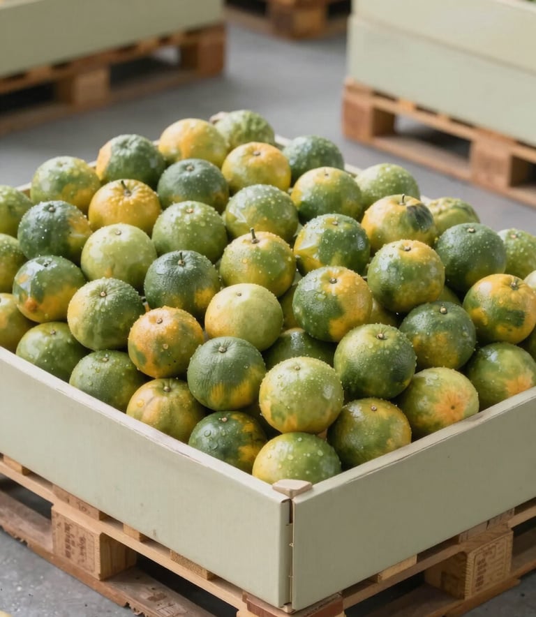 A clean, modern industrial setting showing a pallet of perfectly sorted Egyptian citrus fruit ready for export, using a sage green and soft cream color palette to highlight the professionalism of the logistics chain.