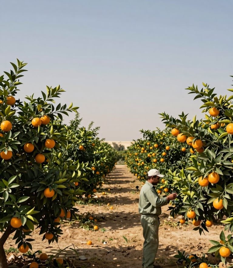 A high-quality landscape photo of a sun-drenched citrus grove in Egypt. Rows of vibrant orange trees stretch toward a clear blue horizon. In the foreground, a professional worker in a sage green uniform is inspecting fruit. The style is natural yet authoritative, featuring deep forest green foliage and soft cream sunlight.