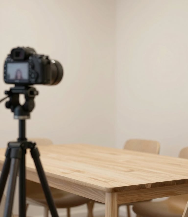 A cozy, Scandinavian-style agency meeting room with light wood furniture and Crisp Parchment (#F8F2EA) walls. A camera on a tripod is being set up to shoot professional content, capturing the down-to-earth agency vibe.