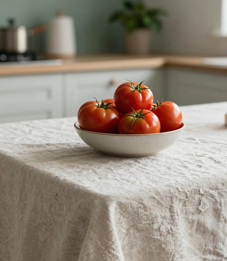 Sophisticated lifestyle shot in a Scandinavian-style kitchen. A bowl of fresh, ripe tomatoes sits on a Crisp Parchment (#F8F2EA) linen tablecloth. Soft morning light, minimalist aesthetic, with a hint of Matte Forest Green (#224236) in the foliage of a plant in the background. High-end food photography style.