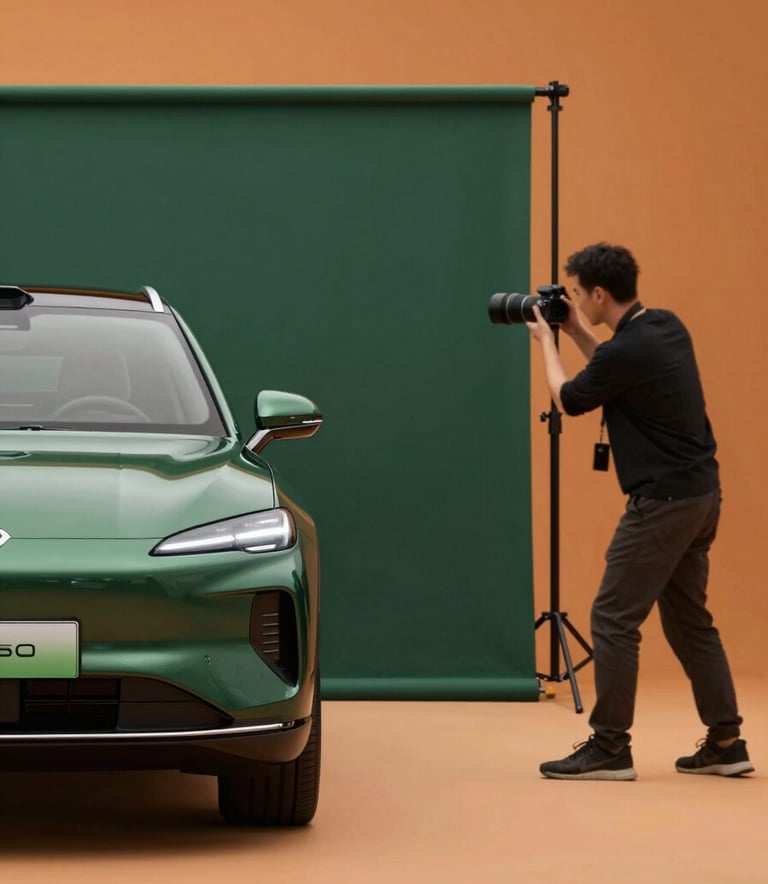 A high-end commercial photo shoot for a luxury vehicle. The photographer is adjusting a matte forest green (#224236) backdrop while the car is highlighted by warm, orange-tinted (#E06D28) studio lighting.