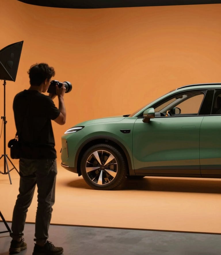 Behind-the-scenes at Pomodoro Agency. A professional photographer is setting up a shot of a modern vehicle in a studio. The lighting is warm and inviting. Matte Forest Green (#224236) and Orange (#E06D28) equipment accents are visible.