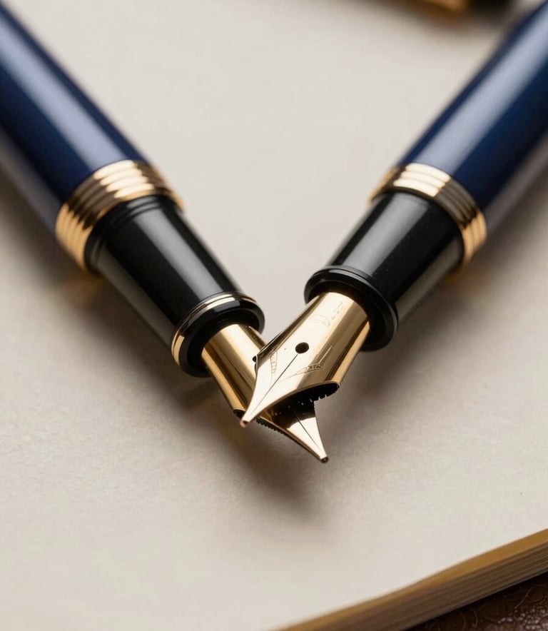 Close-up professional photography of a high-quality fountain pen resting on a piece of premium parchment paper. The background is softly blurred, showing a hint of a deep navy blue suit sleeve. The lighting highlights the metallic burnished gold nib of the pen.