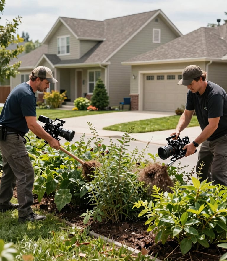 A professional landscaping crew clearing thick brush and overgrowth from a suburban Canadian backyard, using high-quality equipment, bright daylight, tidy and efficient work scene.