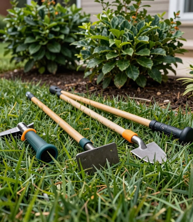 A close-up of professional landscaping tools sitting on a clean, manicured lawn in a North American backyard, bright natural lighting, leaf green grass and deep green foliage.