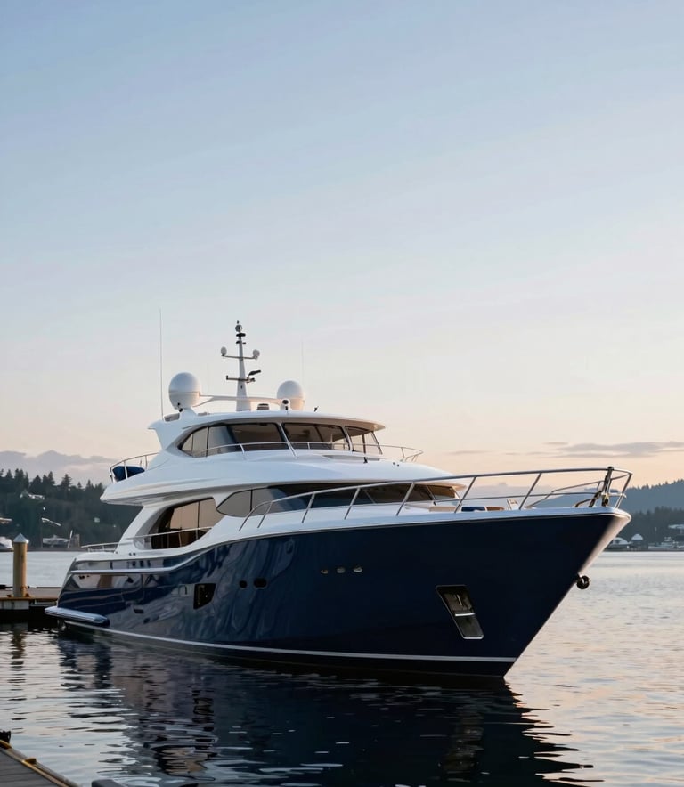 A high-end luxury yacht docked in a serene North American harbor in Washington State. The hull is a deep navy blue, reflecting the soft light of a light blue morning sky. The composition is clean and professional, emphasizing reliability and sophisticated marine life.