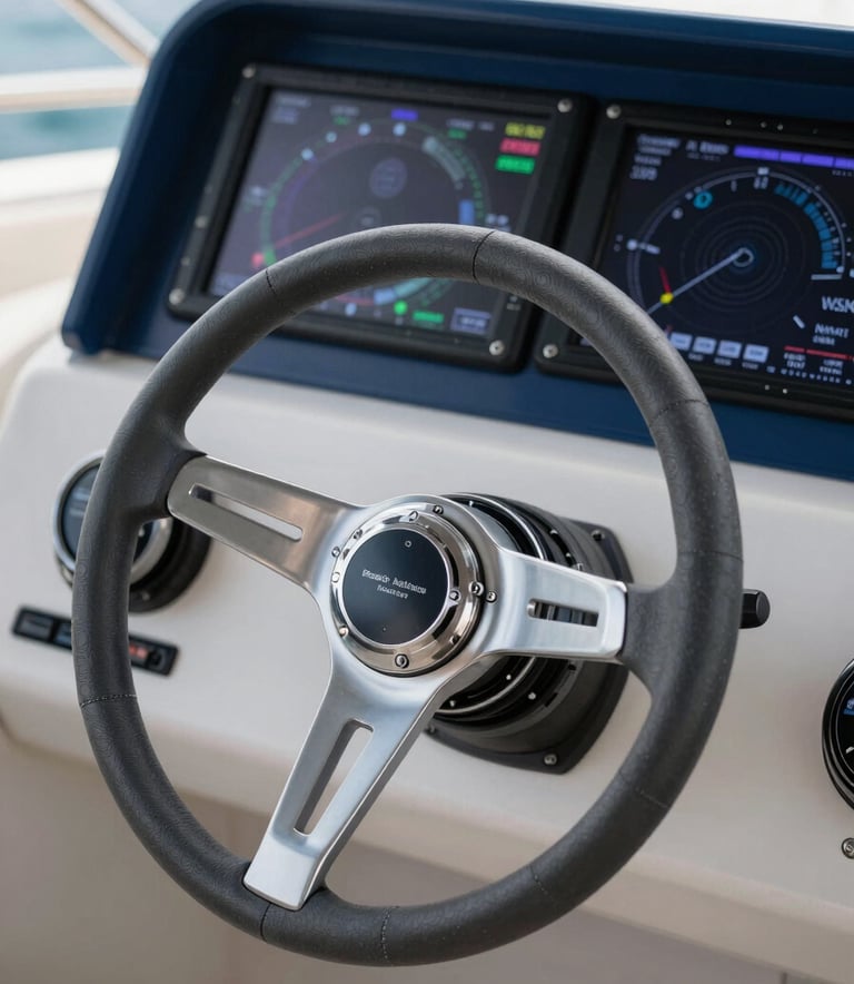 Detailed shot of a sleek yacht steering wheel and high-tech navigation console, modern blue and silver tones, professional marine photography, North American luxury style.