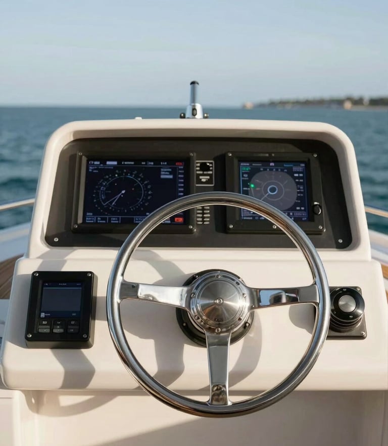 A close-up photograph of a modern yacht navigation station with a chrome steering wheel and advanced displays. The background shows a calm North American coastal horizon. The lighting is crisp and clear, conveying professionalism and technological expertise.