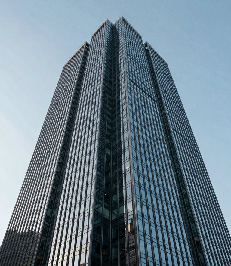 A low-angle photograph of an imposing glass and steel skyscraper against a clear sky, symbolizing institutional integrity and high-impact strategy. The lighting is crisp and modern, reflecting professional authority in a North American / International Business atmosphere. Palette colors include slate blue and dark navy.
