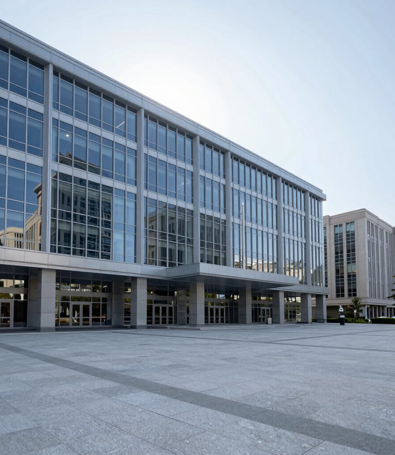 A wide shot of a clean, modern city government plaza under a bright sky. The architecture is contemporary with large glass panels reflecting light, conveying professional authority and stability in a North American / International Business context. Palette colors include light grey and steel blue.