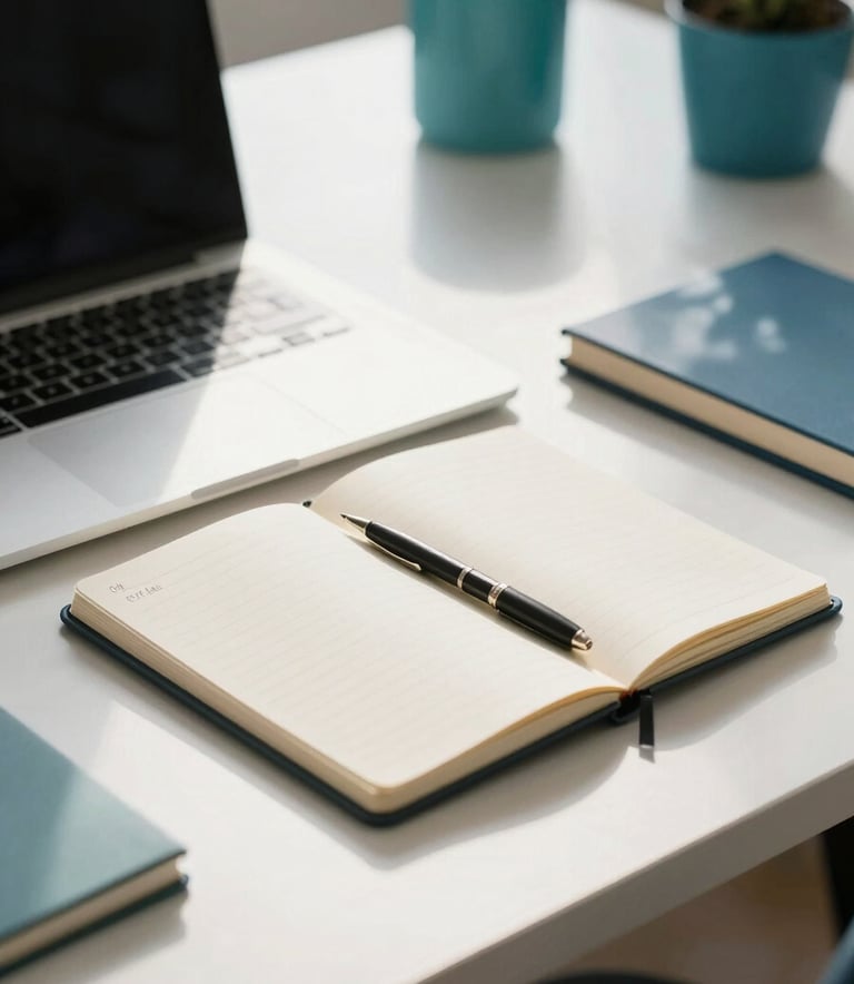 A close-up photograph of a professional workspace in a North American setting. A modern laptop and a neat notebook sit on a clean white desk, surrounded by subtle teal and indigo office accessories. Soft, natural morning light creates a calm, productive atmosphere.