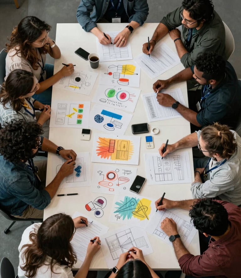 An aerial view of a professional creative problem-solving workshop with people collaborating around a table covered in colorful sketches and prototypes. North American / International.