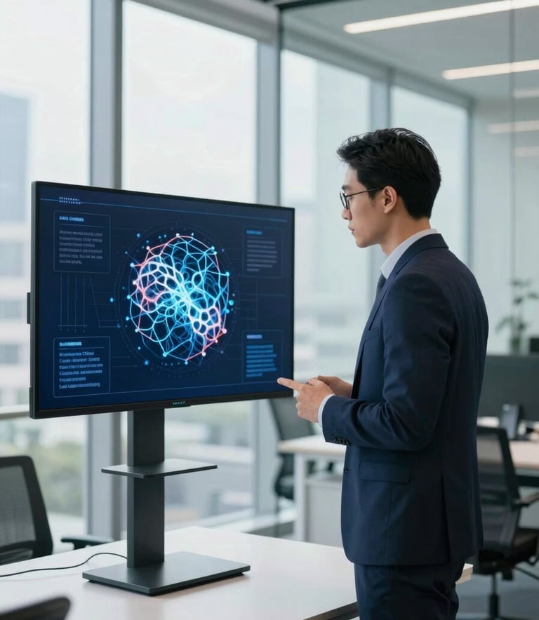 A focused professional in a modern, glass-walled office examining a digital display of a neural network representing artificial intelligence ethics. The scene is bright and airy with deep indigo and white accents. North American / International.
