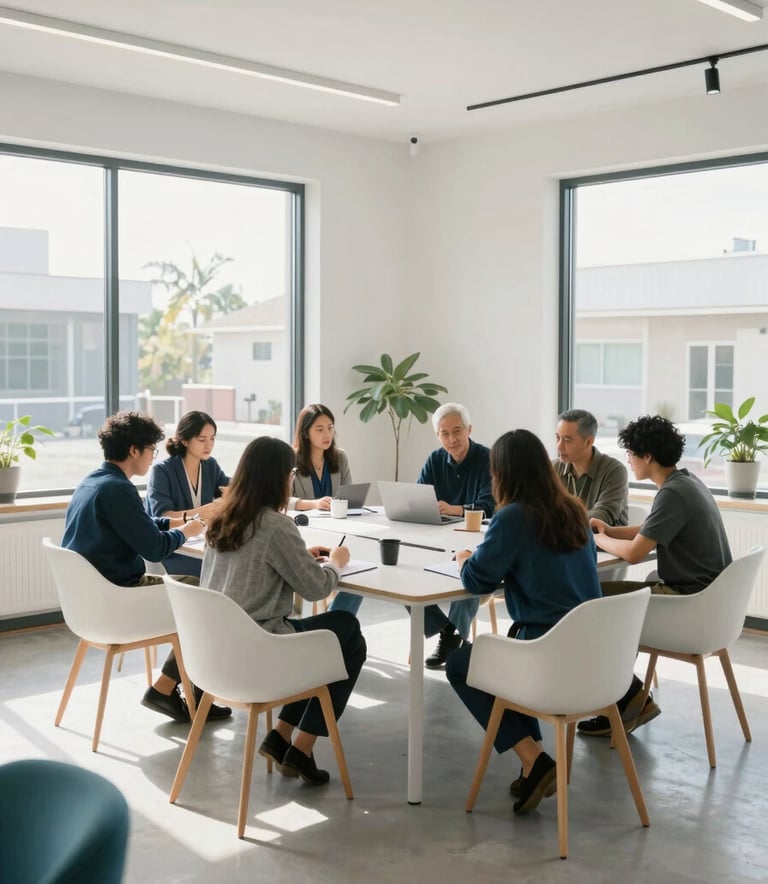 A wide-angle shot of a modern, sunlit workshop room in North America. The room has large windows, minimalist white furniture, and soft indigo and teal accents. A group of professional-looking adults are gathered around a table engaged in a collaborative learning activity. The atmosphere is premium and focused.