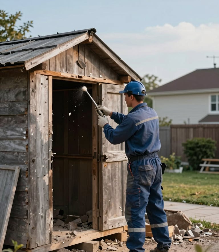 A professional worker in a Muted Blue uniform safely performing light demolition on an old wooden shed. The background is a tidy residential backyard under a Soft Sky Blue sky.